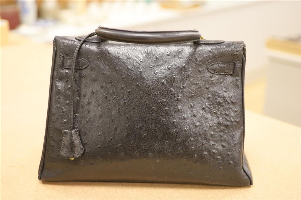 A Hermes Sac a depeches (Kelly) bag, ostrich skin, circa 1940s, (undated - prior to 1945)